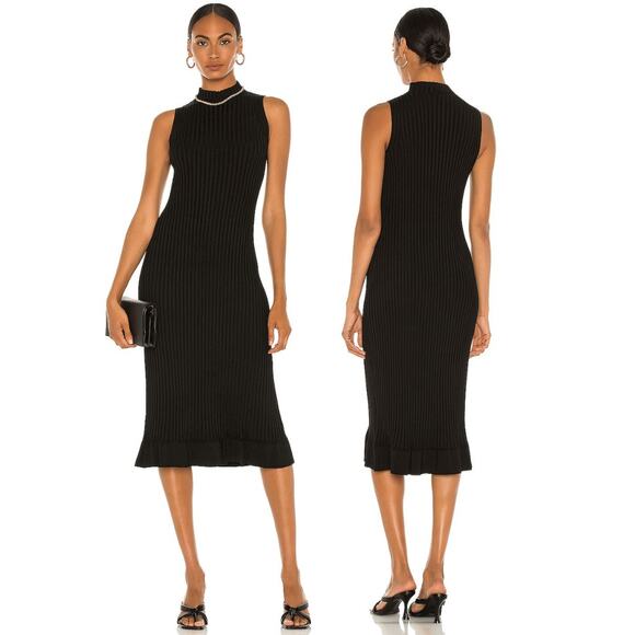 Theory Flared Rib Knit Midi Dress Sleeveless Ruffle Hem Mock Neck Black Size L